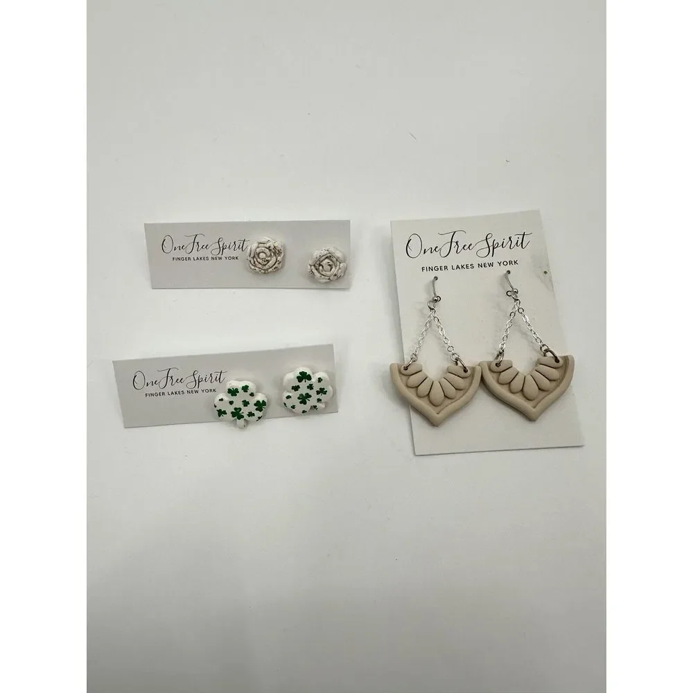 One Free Spirit Earrings Lot Of 3 Shamrocks Flower Geometric Studs &‎ Dangle